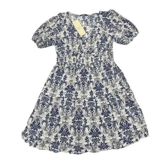 Women Lantern Sleeve Mini Dress Elastic Waist A-Line Blue Baroque Print Size L - Picture 5 of 7